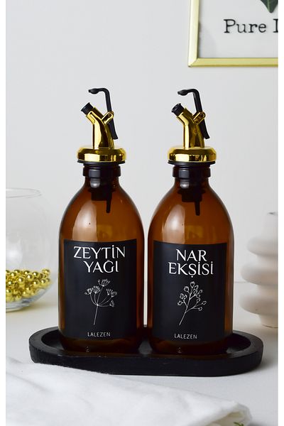 LALEZEN HOME زيت زيتون مع حامل أسود - زجاجة زجاجية بحمض الرمان سعة 250 مل