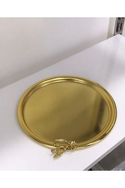 Elzem Gold Plated Round Single Serving Tray with Japanese Roses Flat Model Lux
