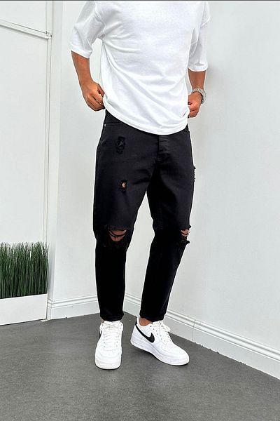 Denim Shorty Boyfriend Μαύρο τζιν μοντέλο με σκισίματα γόνατο