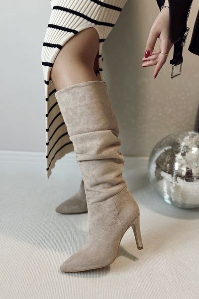 POLKA STORE Diva Heeled Below the Knee Pointed Toe Beige Nude Skin Ecru Suede Γυναικείες μπότες με φυσούνα
