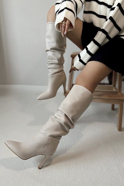 POLKA STORE Diva Heeled Below the Knee Pointed Toe Ματ Δερμάτινο Μπεζ γυμνό δέρμα εκρού Γυναικείες μπότες με φυσούνα