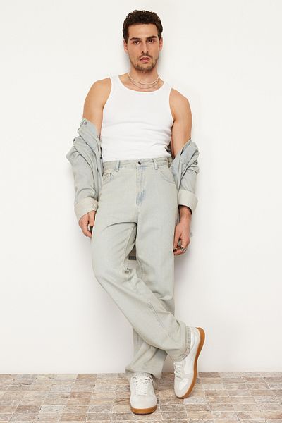 Trendyol Collection Blue Distressed Baggy/ 90's Straight Fit Jeans Loose Jeans TMNSS24JE00001