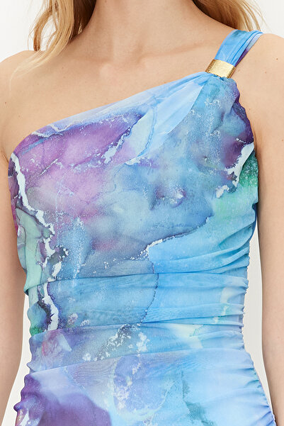 Trendyol Collection Többszínű, egyujjú testhez illeszkedő kiegészítő részletes tüll rugalmas kötött midi ceruza ruha TWOSS24EL00174