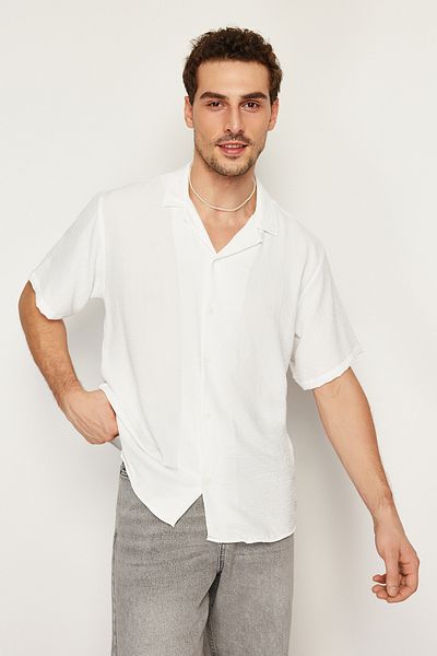 Trendyol Collection Summer Oversize Lines Look fehér ing - rövid ujjú, TMNSS24GO00019
