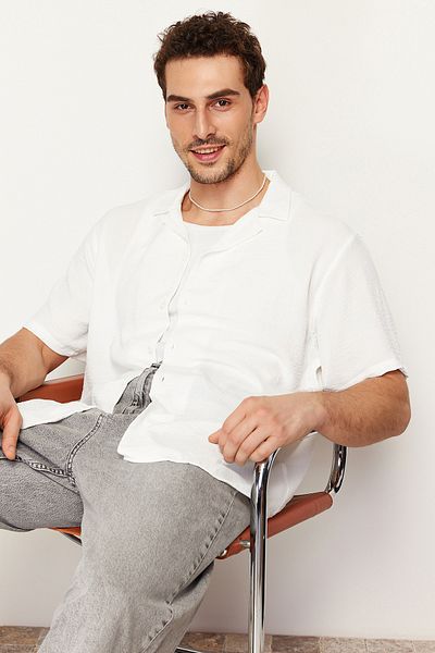 Trendyol Collection Summer Oversize Lines Look fehér ing - rövid ujjú, TMNSS24GO00019