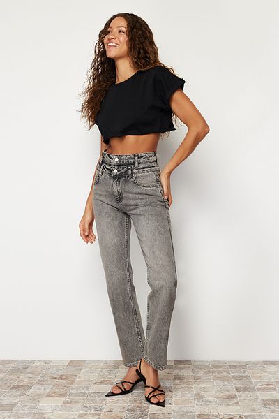 Trendyol Collection Антрацитові джинси з подвійним поясом з високою талією та широкими штанинами TWOSS24JE00171
