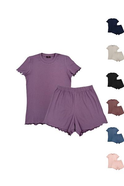 ŞahTan Cotton Ribbed Short Sleeve T-shirt and Shorts Women's Pajamas Set