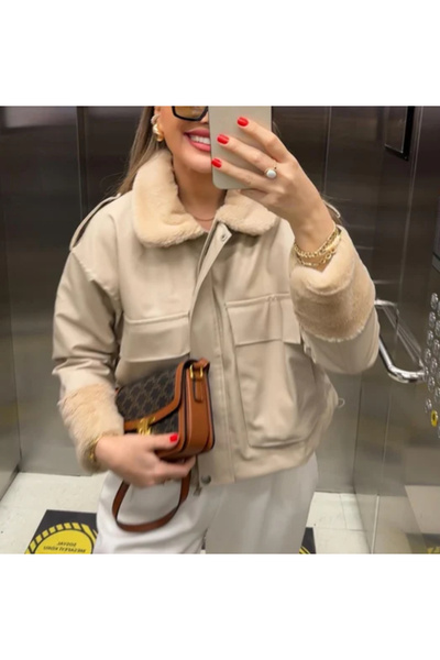 pembekurdelem Kadın İçi Komple Kürklü Deri Mont Taş