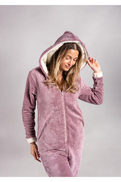 SEAMOUNT Kışlık Lila Kapüşonlu Polar Peluş Tulum, Pijama Takımı