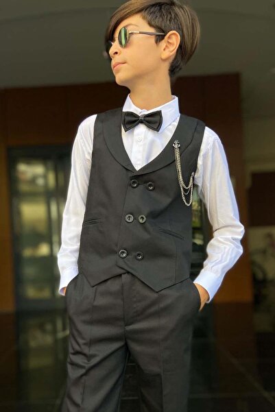 Riccotarz Boy's Shawl Collar Vest Black Suit