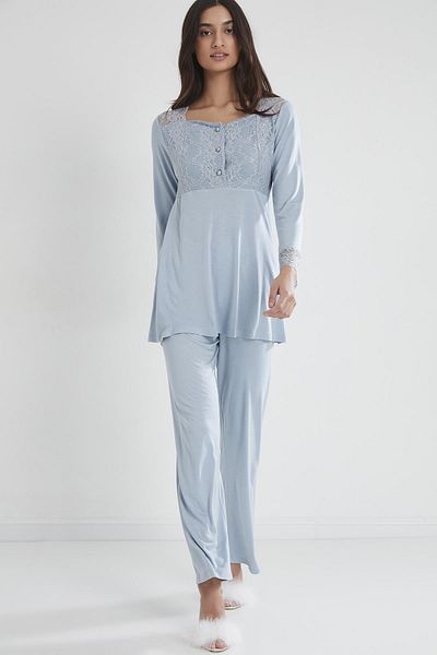 Pierre Cardin Combed Cotton Lace Maternity Pajama Set - 1241 Mist