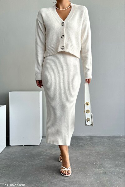 Lupies Women's Cream Strap Dress-cardigan Double Knitwear Set