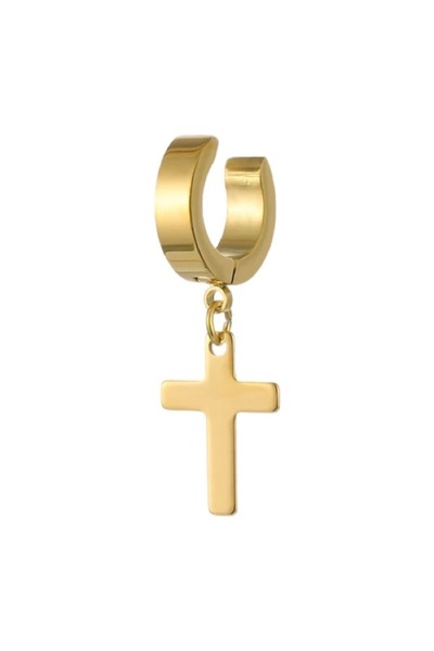 MAZEN Sıkıştırmalı Sallantılı Fake Haç Figürlü Çelik Küpe Gold Renk
