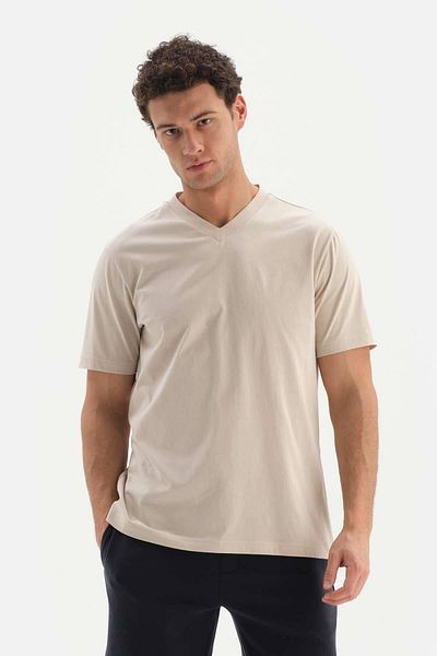 Dagi Beiges Basic-T-Shirt aus Supima mit V-Ausschnitt