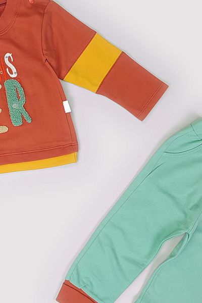 Peki 4 Seasons Baby Boy Two Thread Slim Fit Monster Embossed Embroidery Suit 2 Piece Sweat Pants 13847