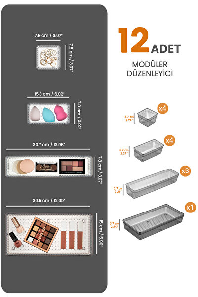Meleni Home 12'li Modüler Takı Makyaj Organizer - Banyo Çekmece İçi Düzenleyici Set Siyah