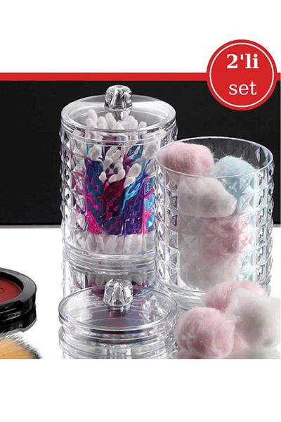 Flosoft Diamond 2-Piece Cotton Organizer, Cylinder Makeup Cotton and Ear Swab Set of 2