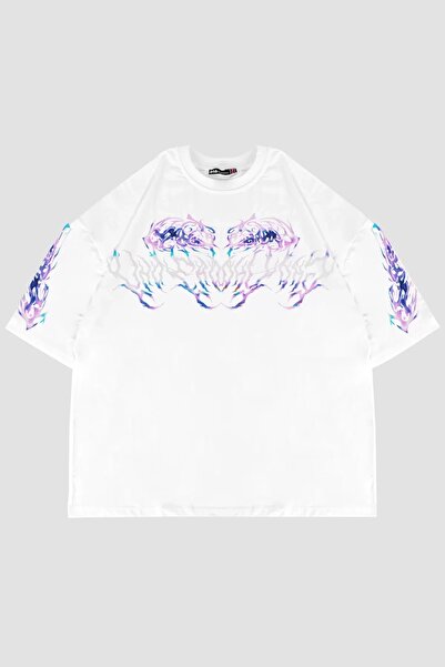 Bak Moda تيشيرت أبيض كبير الحجم مطبوع عليه نص دائم للجنسين