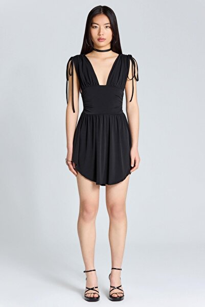 boutiquen 2622 Black Mini Rope Tied Low-cut Dress