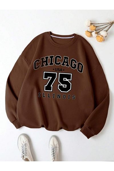 Elvino Καφέ φούτερ Chicago με στάμπα με λαιμόκοψη