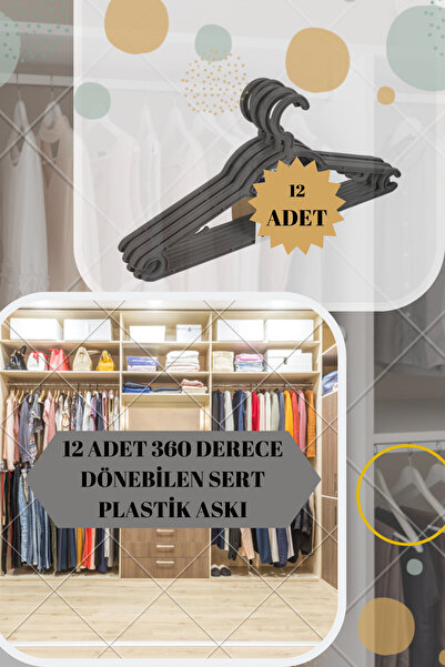PONÇİK STORE 12ADET 37 cm Döner Başlı Askı Elbise Askısı 360DERECE DÖNER