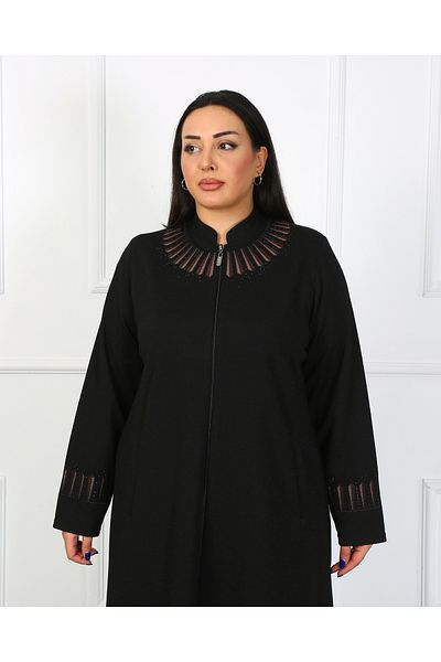 YASEŞA BUTİK MOM WOMEN'S YOUTH LARGE SIZE BLACK DOMINANT COLLAR ZIPPERED POCKET BEAD DETAILED PANT OVER CARDIGAN