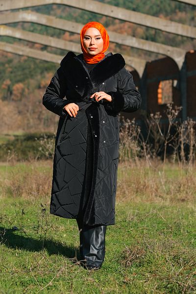 Minel Black Furry Quilted Coat - With Snap Detail