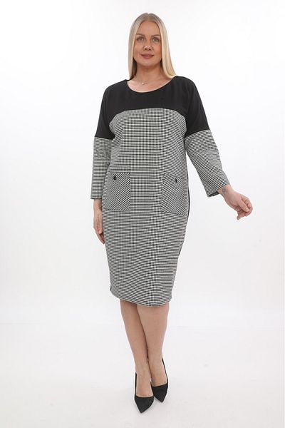 etselements Γυναικείο Color Block Houndstooth Ύφασμα Plus Size Φόρεμα με λεπτομέρεια τσέπης με κουμπιά Ets9661