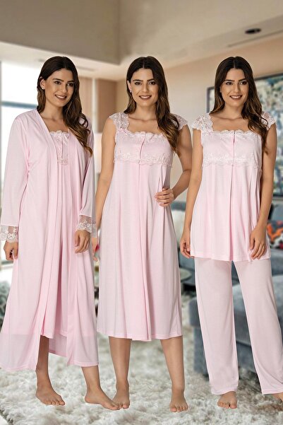Lohussa Kadın Pembe Dantelli Pamuklu Hamile Lohusa Sabahlık Pijama Takımı Gec...