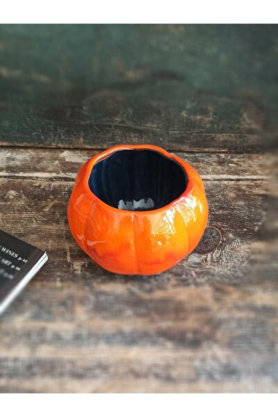 Tulu Seramik Balkabağı Tasarım Turuncu El Yapımı Seramik Dekoratif Sukulent/k...