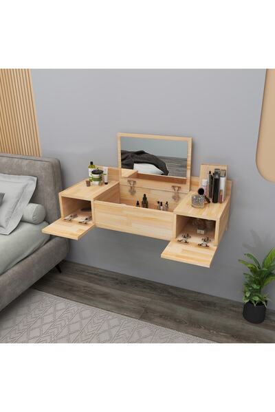 WOODFACE Naturel Masif Ahşap Masif Aynalı Makyaj Masası Duvara Monte 2 Raflı ...