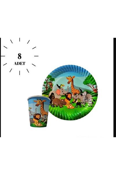 PartAntalya Set de 8 cești cu farfurie pentru ziua de naștere cu animale drăguțe Safari