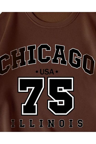 Elvino Καφέ φούτερ Chicago με στάμπα με λαιμόκοψη