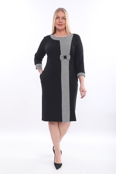etselements X MODAPO Γυναικείο παπιγιόν Λεπτομερές ύφασμα Houndstooth Midi Plus Size Φόρεμα