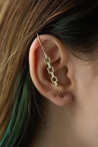 BY BARUN SİLVER Kıkırdak Earcuff Kare Baston 925 Ayar Zirkon Taşlı Sarı Gold ...