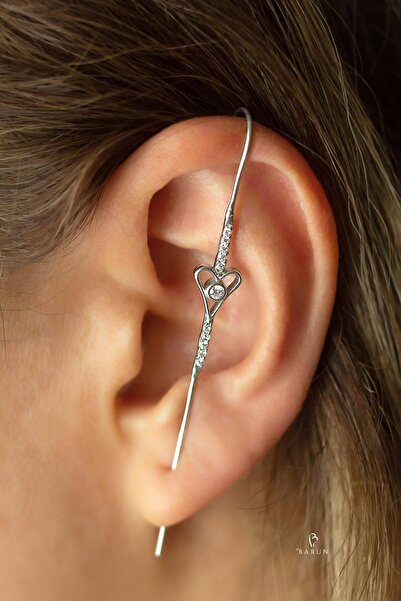 BY BARUN SİLVER Kıkırdak Earcuff Kalp Baston 925 Ayar Zirkon Taşlı Beyaz Silver Sıkıştırmalı Gümüş Kıkırdak Küpe