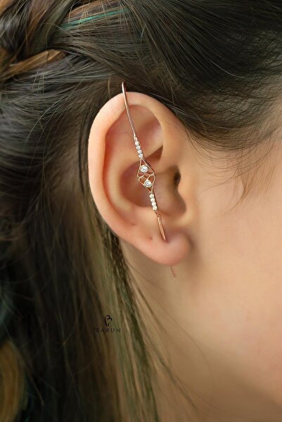 BY BARUN SİLVER Kıkırdak Earcuff Kalp Baston 925 Ayar Zirkon Taşlı Rose Pembe...