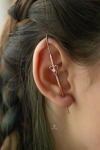 BY BARUN SİLVER Kıkırdak Earcuff Kalp Baston 925 Ayar Zirkon Taşlı Rose Pembe...