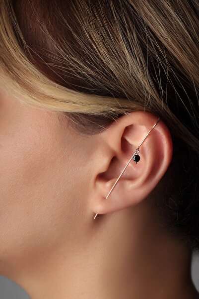 BY BARUN SİLVER Kadın Tekli Siyah Taşlı Baston Küpe - Rose KP-0248