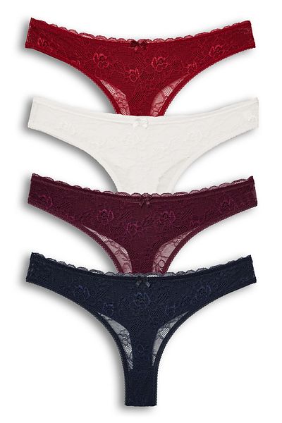 HNX 4-Piece Front Lace Back Double Layer Cotton Thong Women's Panties