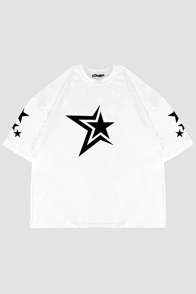 Bak Moda 816 Stars Printed - Unisex Λευκό Oversize T-Shirt