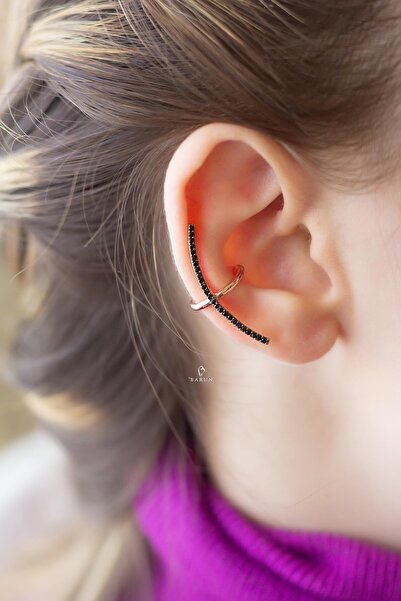 BY BARUN SİLVER Kıkırdak Earcuff Yay 925 Ayarsiyah Zirkon Taşlı Rose Pembe Sı...