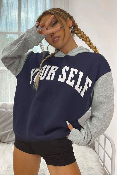 DE PLEIN Your Self Oversize Women's Printed Navy Blue Hooded Sweatshirt