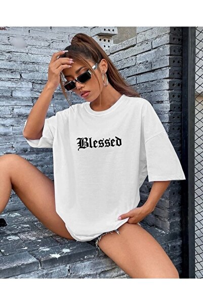 WNWGKN Μπλουζάκι Unisex White Blessed Printed Cotton Crew Neck Oversize