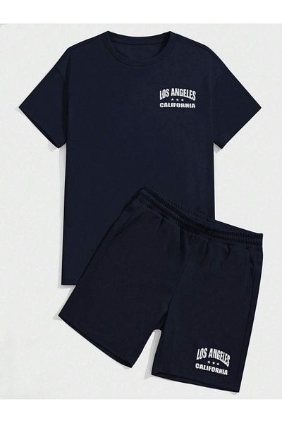 trendgar Unisex Navy Blue Losangeles Printed Oversize Shorts Set