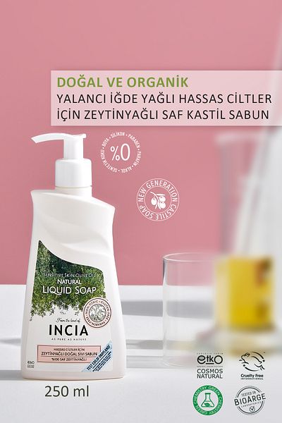 Incia 100% Natural Liquid Castile Soap with Olive Oil for Sensitive Skin 10 Herbal Precious Oils Vegan 250 ml