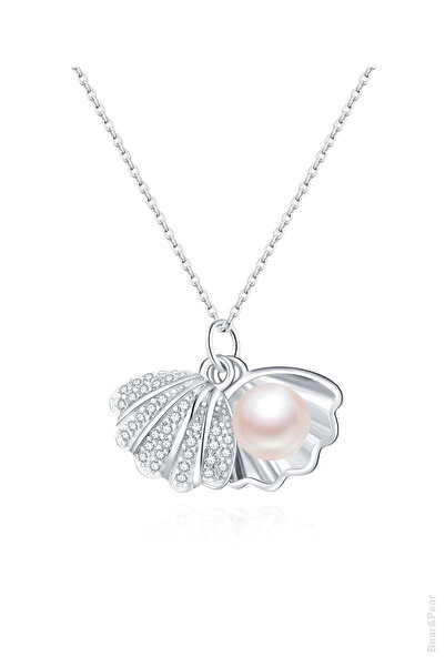 BearPear İncili Istiridye Kadın Silver Paslanmaz Çelik Kolye Istiridye Kolye