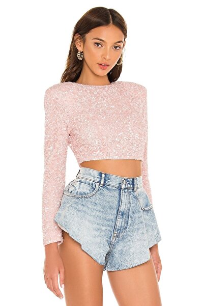 By Kul Design Kadın Vatkalı Uzun Kol Pink Payet Crop Top