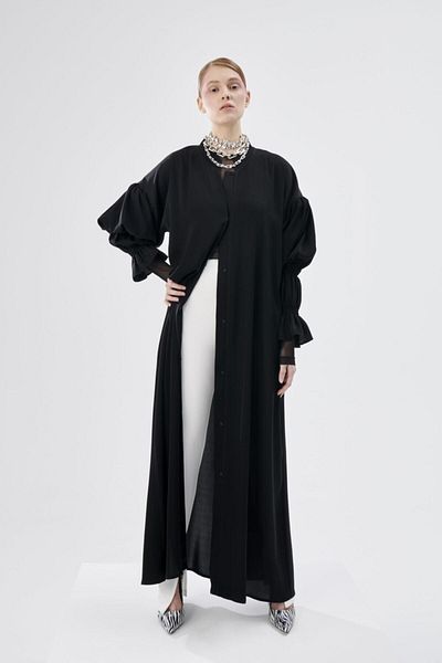 Nuum Design Double Gathered Sleeve Detailed Abaya Black