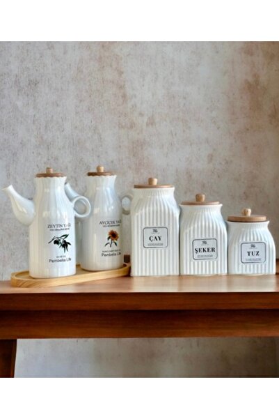 Kitchen Pembelia 6 Parça Bambu Standlı Papatya Porselen 1000ml Yağdanlık Ve 3’lu Çay Şeker Tuz Kahve Kavanoz Seti